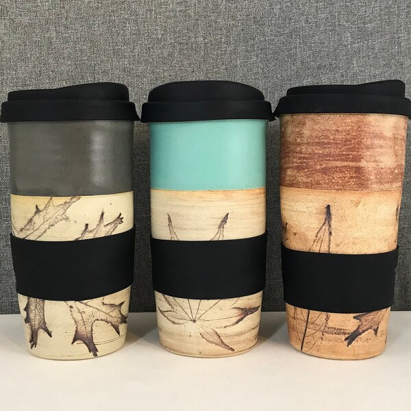 IN STOCK*Stoneware Travel mug / Commuter mug with silicone lid - Coral Blue / leafs