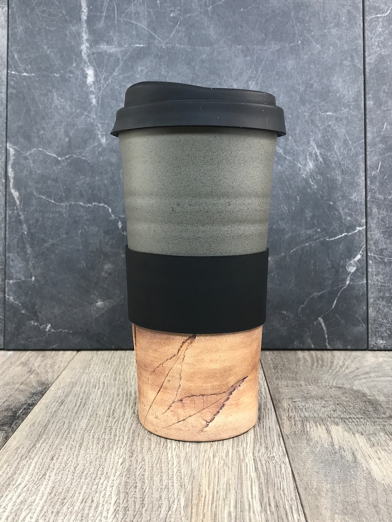 IN STOCK Ceramic Travel Tumblers Stoneware Mugs Pottery Tumblers Assorted Colors Hand Thrown Tumblers Hand pressed Leaves Gray