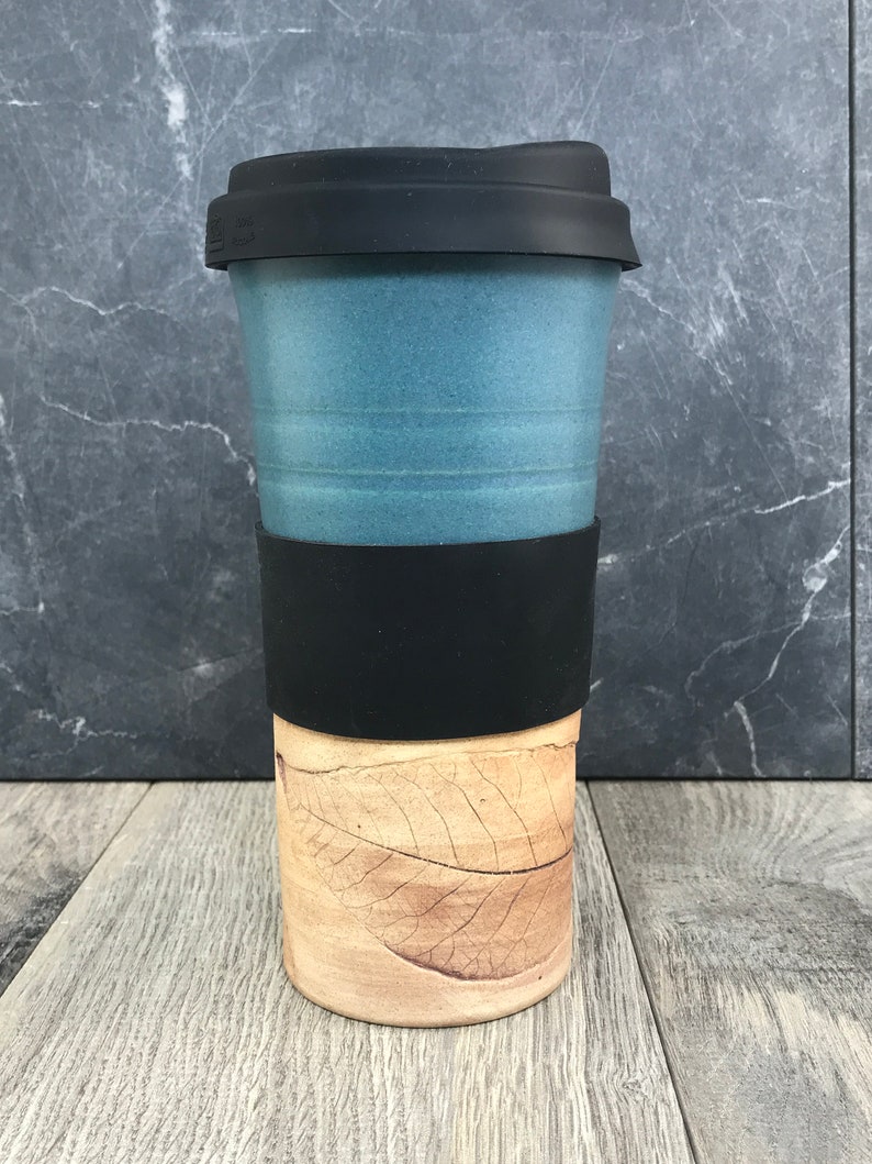 IN STOCK Ceramic Travel Tumblers Stoneware Mugs Pottery Tumblers Assorted Colors Hand Thrown Tumblers Hand pressed Leaves Blue