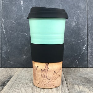 IN STOCK Ceramic Travel Tumblers Stoneware Mugs Pottery Tumblers Assorted Colors Hand Thrown Tumblers Hand pressed Leaves Seafoam