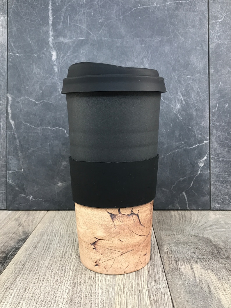 IN STOCK Ceramic Travel Tumblers Stoneware Mugs Pottery Tumblers Assorted Colors Hand Thrown Tumblers Hand pressed Leaves Black