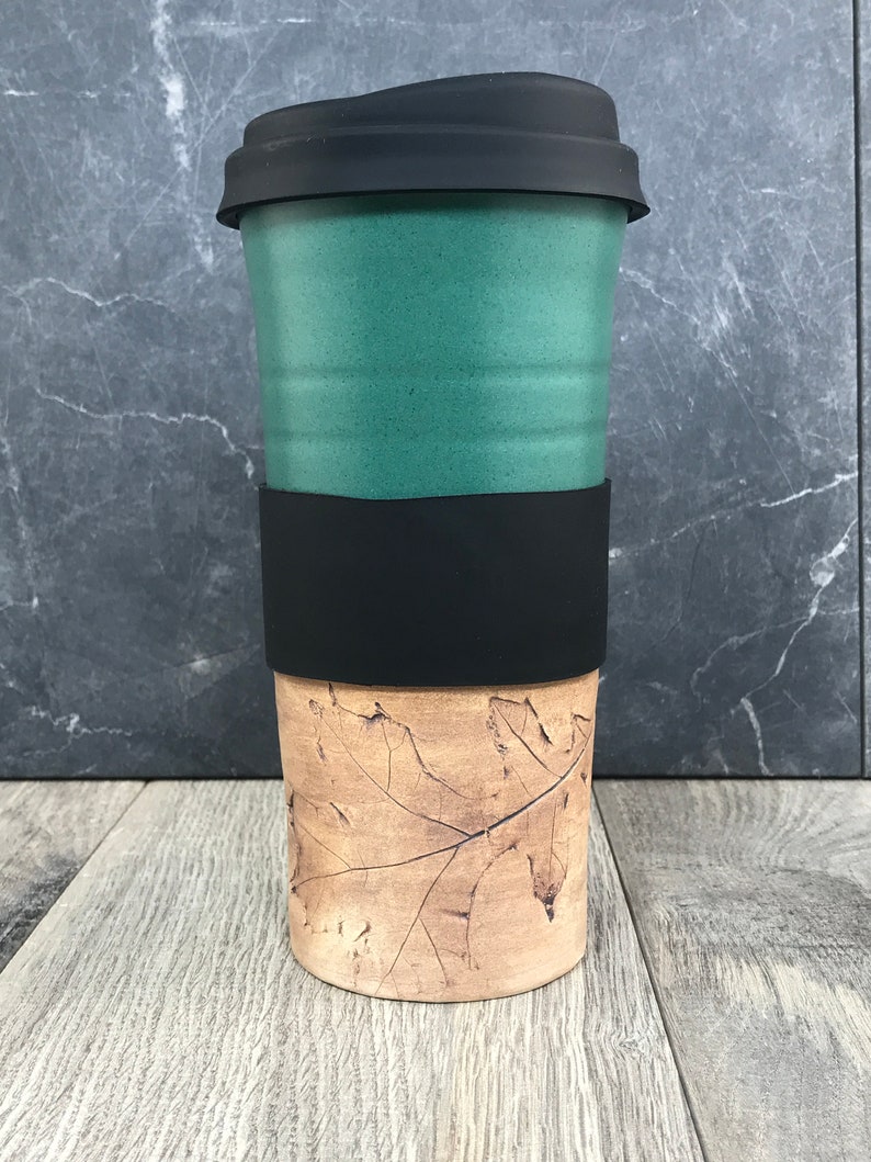 IN STOCK Ceramic Travel Tumblers Stoneware Mugs Pottery Tumblers Assorted Colors Hand Thrown Tumblers Hand pressed Leaves Green