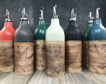 In Stock** Ceramic Oil Bottles - Stoneware Oil Cruets - Pottery Bottles - Assorted Colors - Hand pressed Leaves - Hand Thrown Bottles