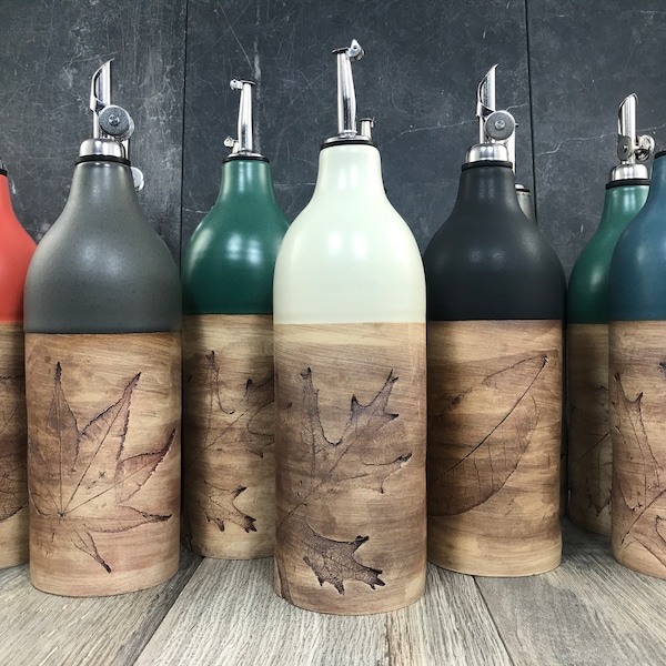 In Stock** Ceramic Oil Bottles - Stoneware Oil Cruets - Pottery Bottles - Assorted Colors - Hand pressed Leaves - Hand Thrown Bottles