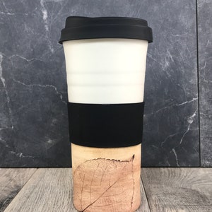 IN STOCK Ceramic Travel Tumblers Stoneware Mugs Pottery Tumblers Assorted Colors Hand Thrown Tumblers Hand pressed Leaves White