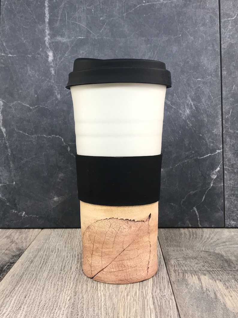 IN STOCK Ceramic Travel Tumblers Stoneware Mugs Pottery Tumblers Assorted Colors Hand Thrown Tumblers Hand pressed Leaves White
