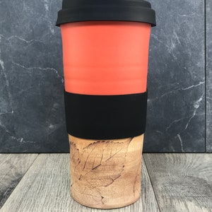 IN STOCK Ceramic Travel Tumblers Stoneware Mugs Pottery Tumblers Assorted Colors Hand Thrown Tumblers Hand pressed Leaves Orange