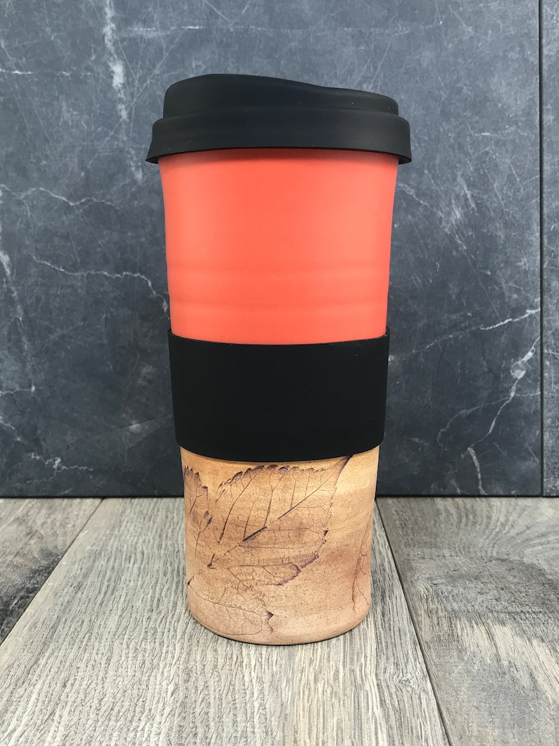 IN STOCK Ceramic Travel Tumblers Stoneware Mugs Pottery Tumblers Assorted Colors Hand Thrown Tumblers Hand pressed Leaves Orange