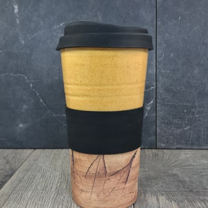 IN STOCK Ceramic Travel Tumblers Stoneware Mugs Pottery Tumblers Assorted Colors Hand Thrown Tumblers Hand pressed Leaves Yellow