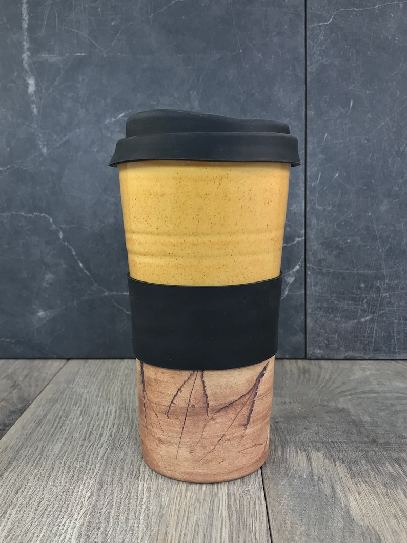 IN STOCK Ceramic Travel Tumblers Stoneware Mugs Pottery Tumblers Assorted Colors Hand Thrown Tumblers Hand pressed Leaves Yellow