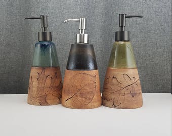 IN STOCK* Ceramic Soap Dispenser Handmade Pottery Lotion Dispenser Pottery for Kitchen and Bath - Leafs - Blue - Amber - Green