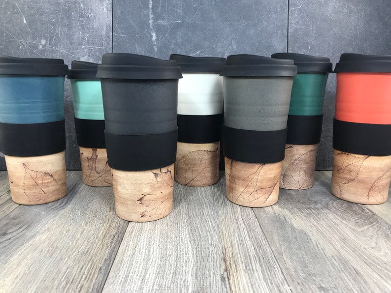 IN STOCK Ceramic Travel Tumblers Stoneware Mugs Pottery Tumblers Assorted Colors Hand Thrown Tumblers Hand pressed Leaves image 10