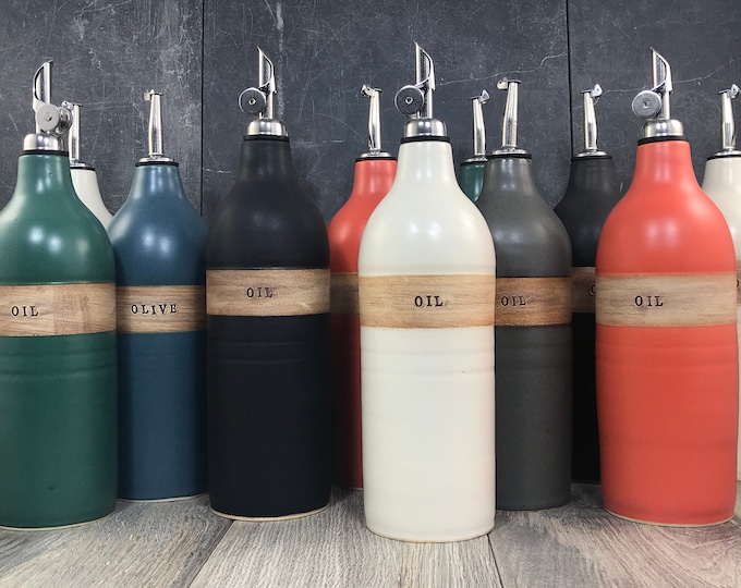 Hand Thrown Ceramic Oil Bottle - Stoneware Cruet, Assorted Colors