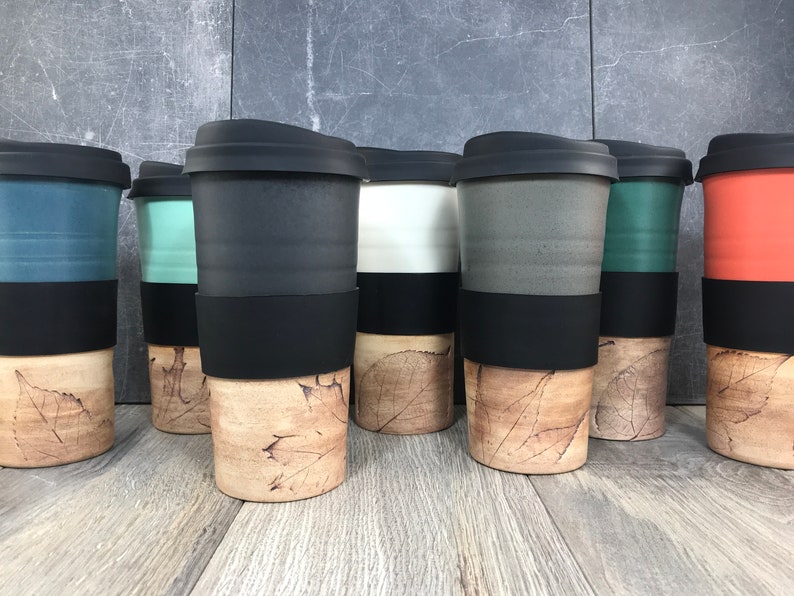 IN STOCK Ceramic Travel Tumblers Stoneware Mugs Pottery Tumblers Assorted Colors Hand Thrown Tumblers Hand pressed Leaves image 1