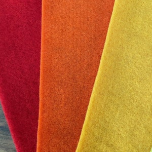 May include: Four pieces of felt fabric in shades of red, orange, yellow, and green. The felt is arranged in a gradient pattern, with the red felt on the left and the green felt on the right.