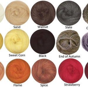 May include: A collection of 15 wool roving colors, including natural, sand, walnut, slate, overland trek, sunflower, sweet corn, black, end of autumn, mushroom, peach, flame, spice, strawberry, and wine.