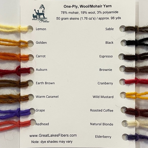 Swatch Card: Fil One Ply Wool/Mohair dans les couleurs de cheveux de poupée