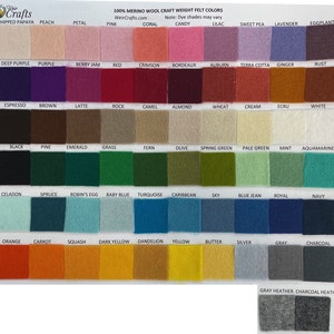 May include: A color chart of 100% merino wool craft weight felt in various colors. The chart includes colors such as whipped papaya, peach, petal, pink, coral, candy, lilac, sweet pea, lavender, eggplant, deep purple, purple, berry jam, red, crimson, bordeaux, auburn, terra cotta, ginger, rust, espresso, brown, latte, rock, camel, almond, wheat, cream, ecru, white, black, pine, emerald, grass, fern, olive, spring green, pale green, mint, aquamarine, celadon, spruce, robin's egg, baby blue, turquoise, caribbean, sky, blue jean, royal, navy, orange, carrot, squash, dark yellow, dandelion, yellow, butter, silver, gray, charcoal, gray heather, and charcoal heather.