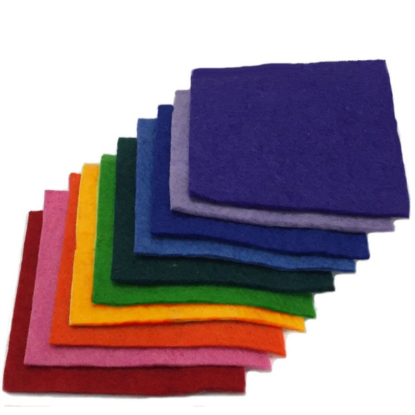 Handmade 100% Wool Felt  ~ 3-4mm Thick - TEN 6"x6" Square Sheets