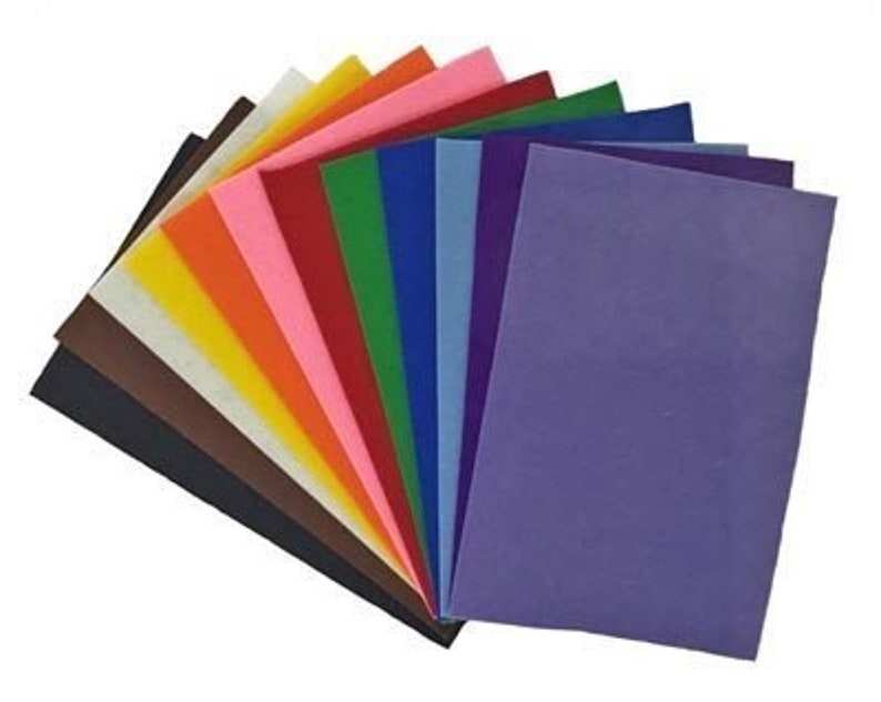 May include: A set of 12 sheets of felt paper in various colors, including black, brown, white, yellow, orange, pink, red, green, blue, purple, and light blue.