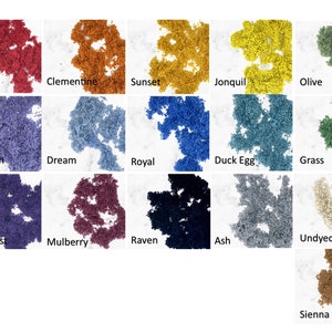May include: A collection of colorful dried floral elements in various shades, including red, orange, yellow, green, blue, and purple. Each color is labeled with its name, such as "Scarlet," "Clementine," and "Sunset." The arrangement is on a white background.