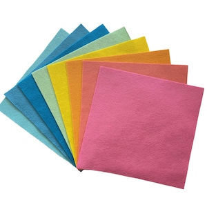 May include: A set of ten felt sheets in various colors, including blue, green, yellow, orange, and pink. The sheets are arranged in a fan shape, with the pink sheet on top.