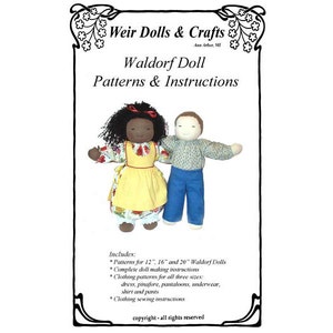 May include: A printable pattern for making Waldorf dolls in three sizes: 12 inches, 16 inches, and 20 inches. The pattern includes instructions for making the dolls and their clothing, including dresses, pinafores, pants, underwear, shirts, and pants. The pattern also includes instructions for sewing the clothing.