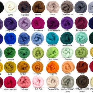 May include: A color chart of 48 different shades of wool roving, arranged in rows of 8. The colors include black, white, brown, cocoa, gray, silver, plum, deep purple, lilac, raspberry, deep magenta, violet, boysenberry, navy, cobalt, blue, cornflower, sky, cerulean, alexandrite, aqua, fir, dusty jade, emerald, fern, citrus, soft green, celadon, sage, custard, buttercup, gold, amber, marigold, tangerine, peach, rust, red, ruby, hothouse rose, salmon, soft pink, papaya whip, undyed sheep's gray, undyed sheep's brown, and undyed natural off white.