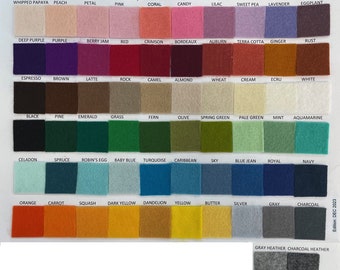 May include: A color chart of 100% merino wool craft weight felt in various colors. The chart includes colors such as whipped papaya, peach, petal, pink, coral, candy, lilac, sweet pea, lavender, eggplant, deep purple, purple, berry jam, red, crimson, bordeaux, auburn, terra cotta, ginger, rust, espresso, brown, latte, rock, camel, almond, wheat, cream, ecru, white, black, pine, emerald, grass, fern, olive, spring green, pale green, mint, aquamarine, celadon, spruce, robin's egg, baby blue, turquoise, caribbean, sky, blue jean, royal, navy, orange, carrot, squash, dark yellow, dandelion, yellow, butter, silver, gray, charcoal, gray heather, and charcoal heather.