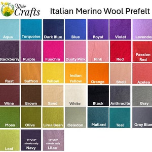 May include: A color chart of Italian Merino wool prefelt in 25 different colors, including aqua, turquoise, dark blue, blue, royal, violet, lavender, blackberry, purple, fuchsia, dusty pink, pink, red, passion red, rust, saffron, yellow, Indian yellow, orange, shell, azalea, wine, brown, sand, white, black, anthracite, gray, moss, olive, lima bean, celadon, mallard, teal, gray blue, leaf, navy, and lilac.