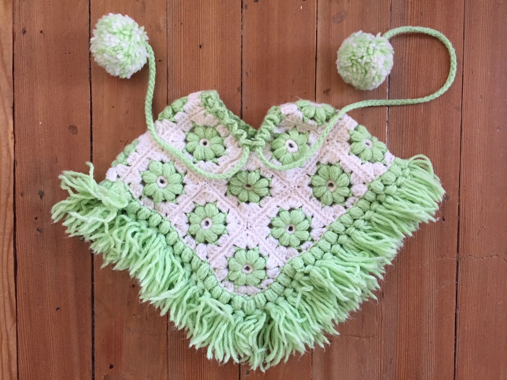 Vintage Baby Poncho Green White Daisy Pom Pom Fringe Size 6 12 Etsy