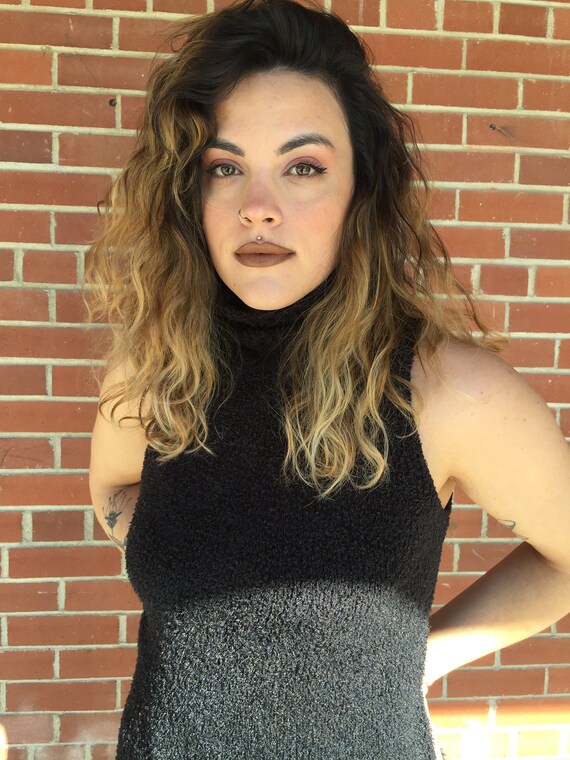 Vintage 1990s Black Fuzzy Turtleneck Sleeveless Sh
