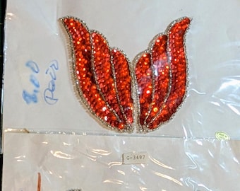 Red Flower Vintage Sequined Appliqué with Silver Trim