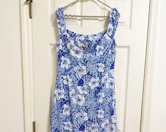 Hand Made Vintage Inspired Blue and White Tropical Print Hawaiian Long Dress with Train Holoku