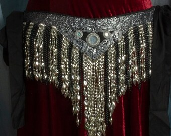 Silver on Black Bead Fringe Hip Belt