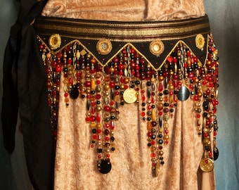 Red and Gold on Black Bead Hip Belt