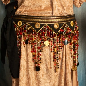 Red and Gold on Black Bead Tribal Fusion Belly Dance Tie on Hip Belt