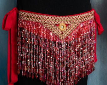 Red Pinkish Beaded Belt with Ethnic Trim