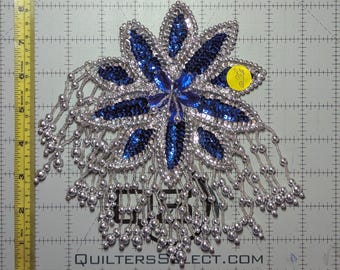 Blue Vintage Flower NOS Sequin Silver Beads Appliqué