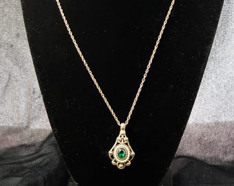 Vintage Avon Green Stone with Faux Pearls Oval on Teardrop Gold Pendant and Chain