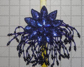Blue Vintage 4 x 6 Inch Flower NOS Sequin & Bead Applique