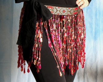 Tie Belt with Pinkish Red Beads on Black