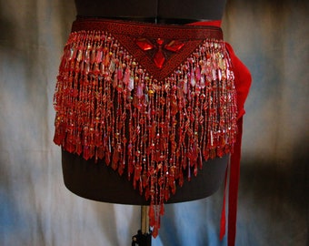 Red Iris Bead V Shaped Fringe Tie Belt