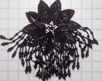 Black Flower, Sequin, Rhinestone Bead n 6 x 8 Inch Appliqué