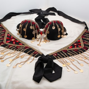 Black Tribal Fusion Belly Dance Cosplay Gold Coin Bra & Belt Set