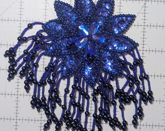 Blue Vintage 5 x 8 Inch Flower NOS Sequin & Bead Applique