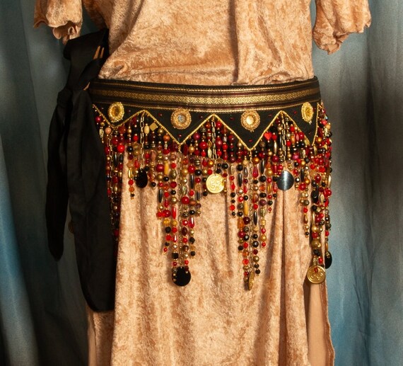 Red and Gold on Black Bead Tribal Fusion Belly Dance Tie on  display picture 2