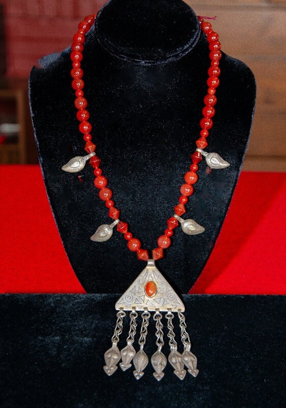 Vintage Carnelian Necklace with Triangular Pendant - image 1