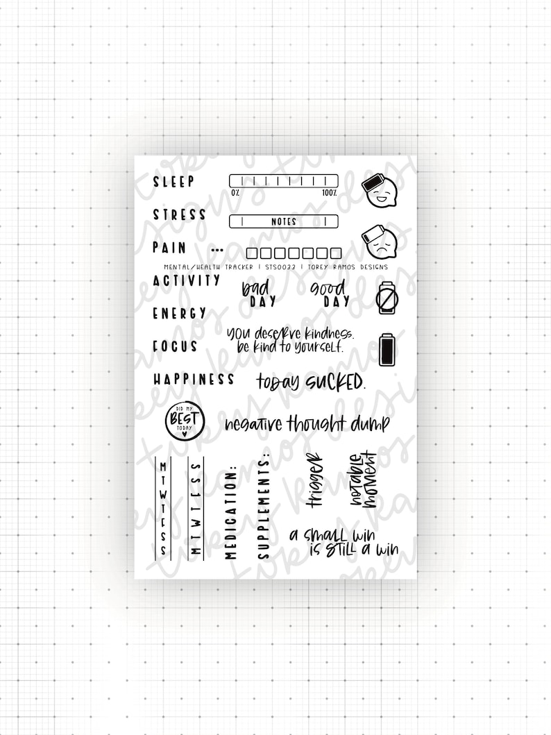 May include: A white mental health tracker with black text and graphics. The tracker includes sections for sleep, stress, pain, activity, energy, focus, and happiness. Text includes "bad day," "good day," and "today sucked."