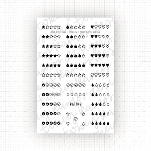 Puede incluir: Una hoja de pegatinas blanca con iconos negros para calificar y revisar. La hoja incluye estrellas, llamas, corazones, marcas de verificación y gotas de agua. También está presente el texto "RATE EVERYTHING" y "TOREY RAMOS DESIGNS".